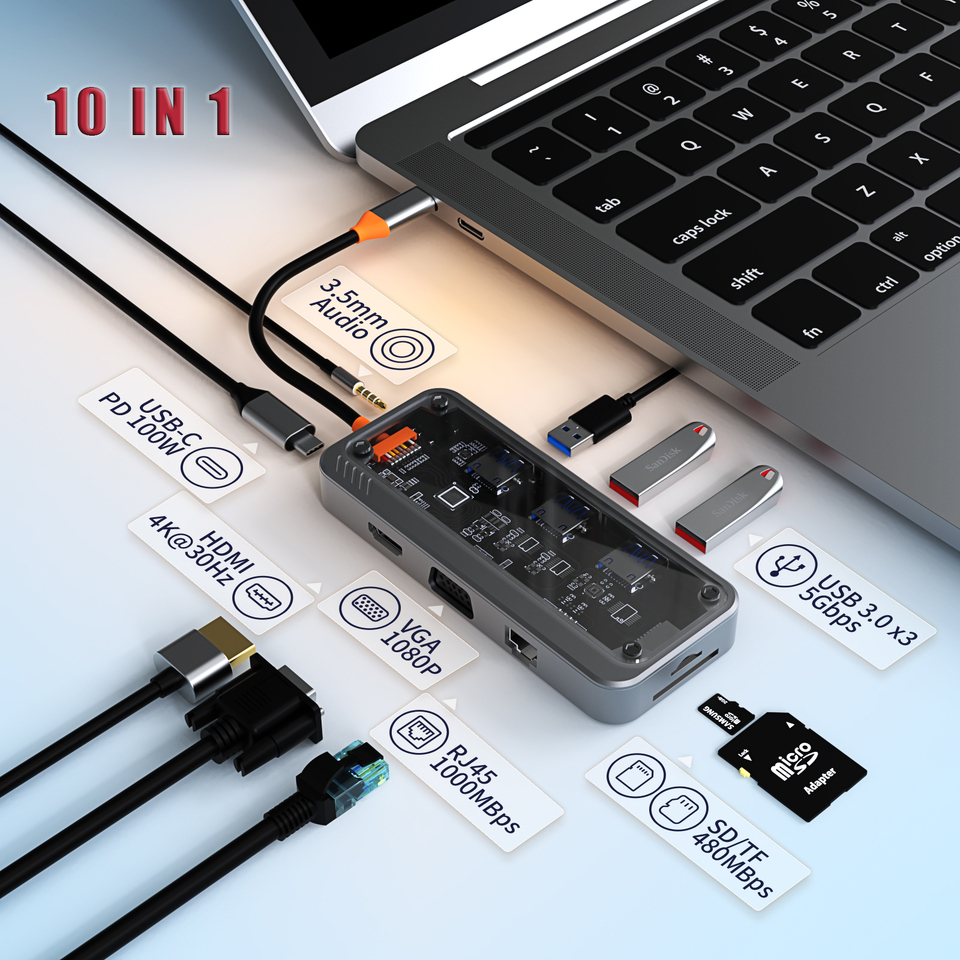  Basix USB C HUB 4K 30Hz Type C to HD-MI DP VGA Gigabit Ethernet USB 3.0 PD 100W Adapter For Macbook Air Pro M2 M1 PC Accessories 