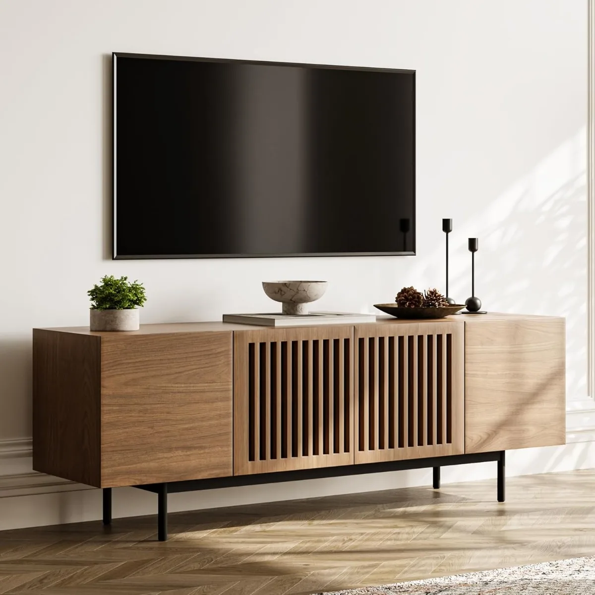 

Modern Media Console with Storage, 63'' Wood TV Stand for 50 55+ Inch TV, Farmhouse Walnut Entertainment Center Slatted Door