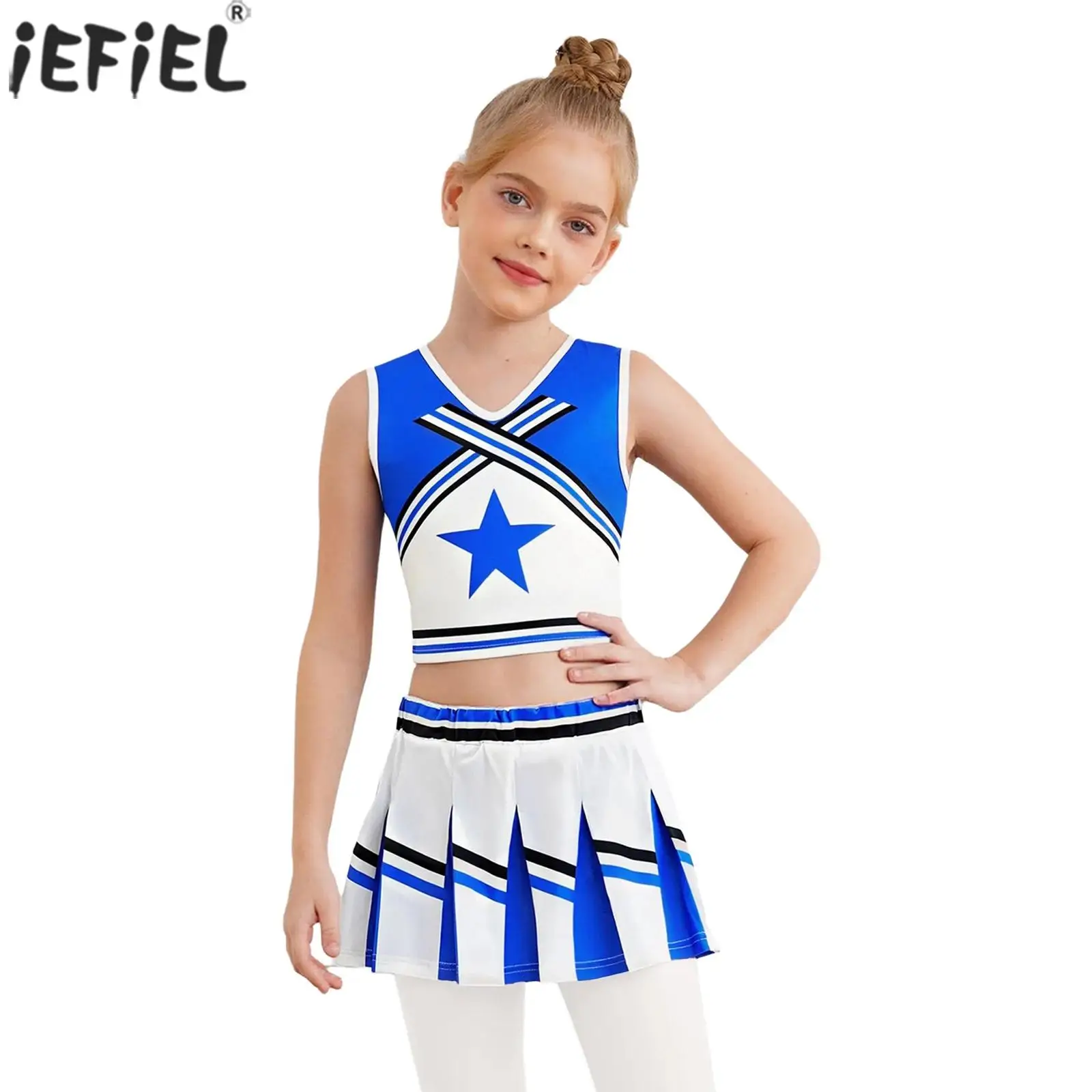 

Детская форма болельщика для девочек, школьный спортивный костюм черлидинга, жилет для танцев с принтом, топы с плиссированной юбкой