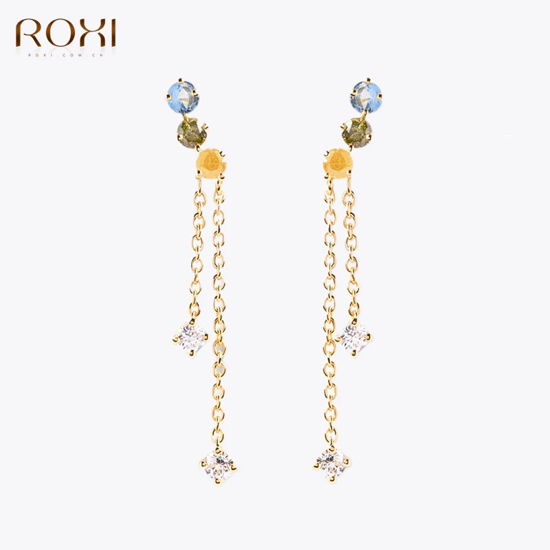 

ROXI Tassel Chain Geometric Zircon Stud Earrings For Women 18K Gold Punk Earrings 925 Sterling Silver Jewelry bijoux femme