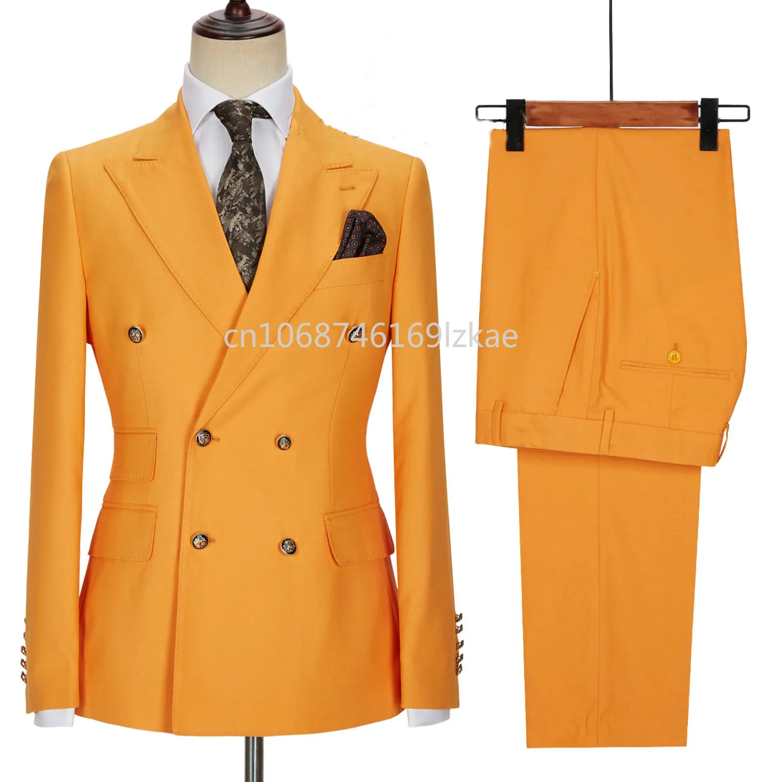 2024 New Design Double Breasted Men Suit Orange Slim Fit Peak Lapel Wedding Suits For Men Prom Blazer Groom Tuxedo Jacket Pants