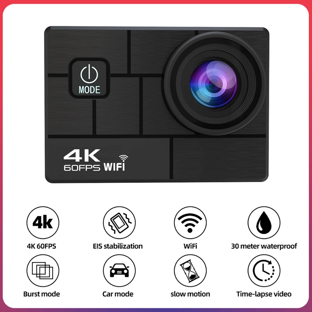 

Экшн-камера Ultra HD 4K, 60 к/с, водонепроницаемая до 30 м