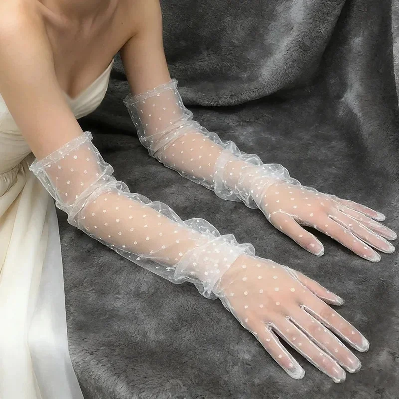 1-3pairs Fashion Women White Dot Lace Long Tulle Gloves Stretchy Full Finger Transparent Sexy Mittens Mesh Bride Wedding Gloves