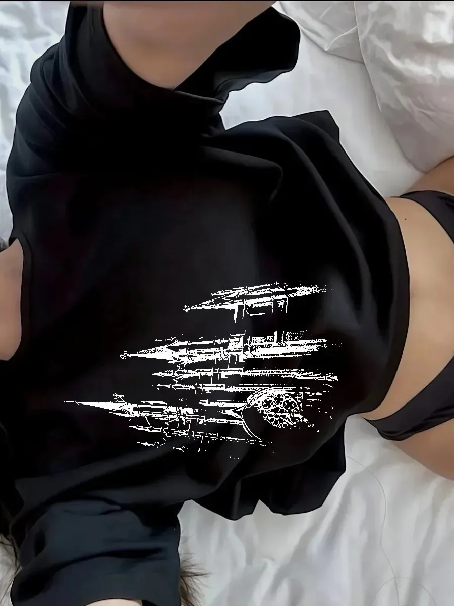 Women Black T‑Shirt Gothic Vintage Castle Building Sketch Graphic Print Short Sleeve O‑Neck Loose Punk Streetwear Ladies Fashion