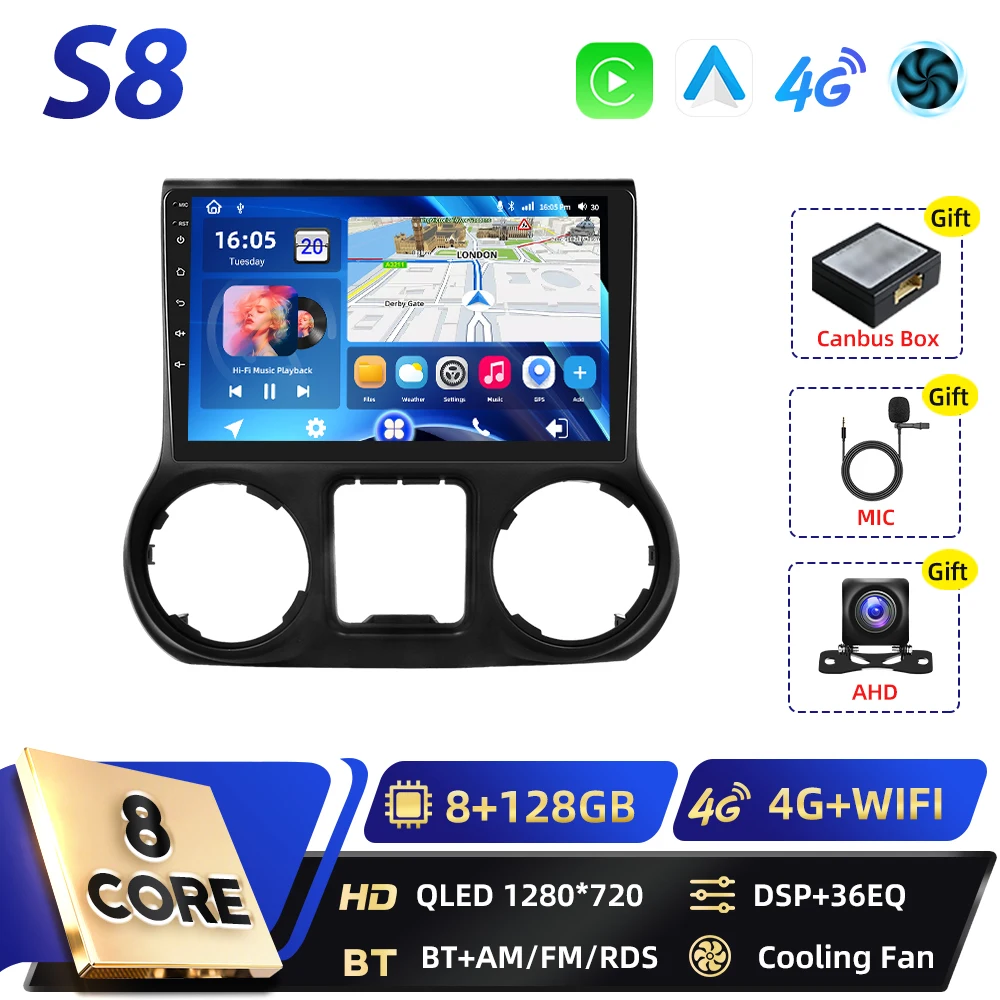 Podofo Qualcomm 8-core 2-DIN Android autoradio voor Jeep Wrangler 2011-2014 met DSP, Android Auto, BT, GPS, FM, WIFI, RDS en Carplay.