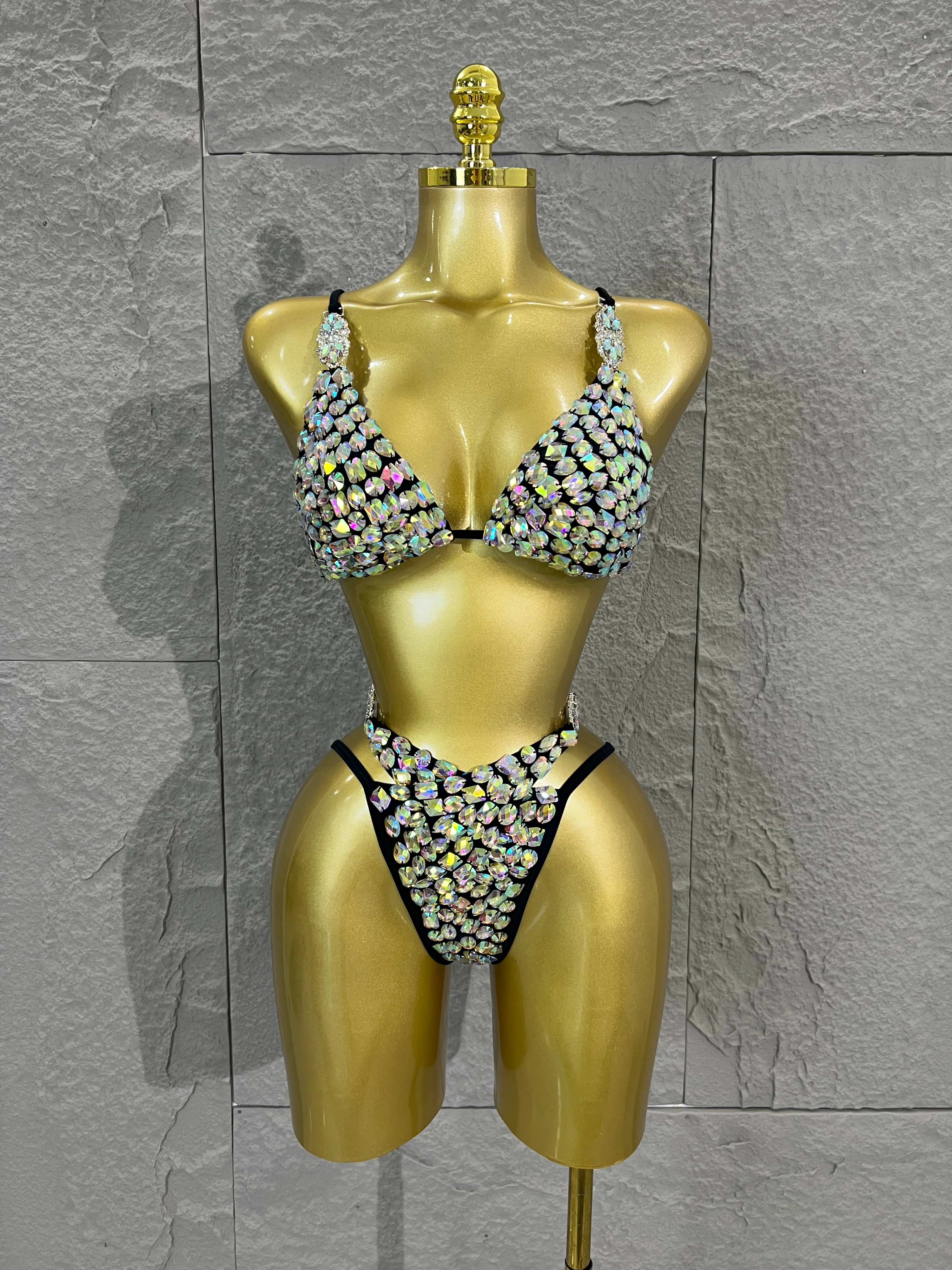 Luxuriöses Kristall-Strass-Bikini-Set für Damen, Triangel-BH, High-Waist-Schnitt, Badeanzug für Strand, Rave, Club, Party, Kostüm