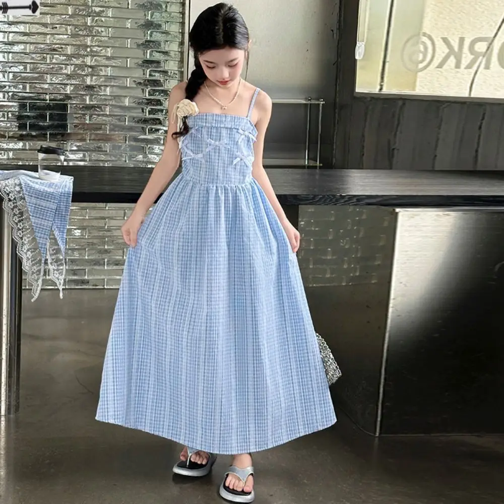 

Elegant Loose Girls Princess Grid Dress Teenagers Party Summer Dresses Sweet Beach Vacation Children Sling Dress Summer