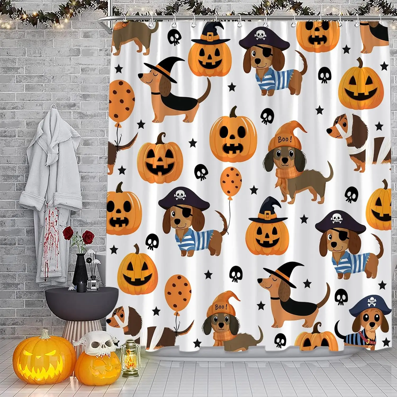 

Забавная занавеска для душа на Хэллоуин, мультяшная милая собака, жуткая тыква, страшный череп, звезды, ведьмин, счастливый праздник, ткань, декор для ванной комнаты