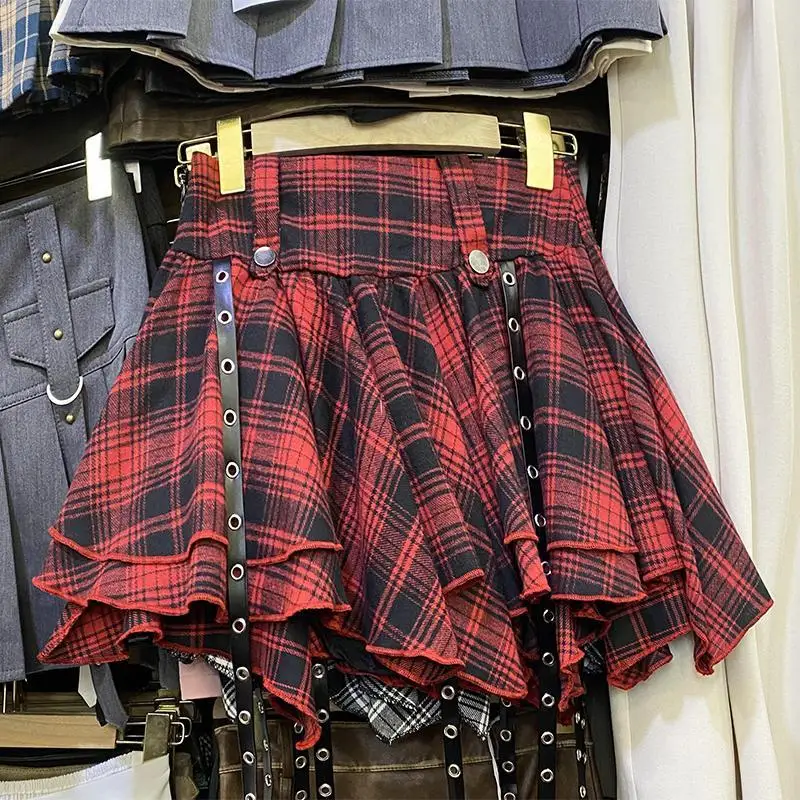 

Short Skirt Hottie Diablo Punk Irregular Plaid Pattern Pleats Word A Half Body Skirt Spring Summer New High Waisted