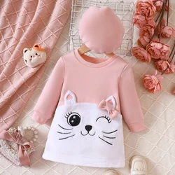 Spring And Autumn Girls  Dress  Hat  Round Neck  Long Sleeve Cartoon Cat Bow Pattern  Fashionable And Warm