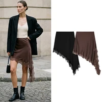 Willshela, minifalda asimétrica con dobladillo de encaje liso a la moda para mujer, faldas elegantes Vintage de cintura alta elástica para mujer