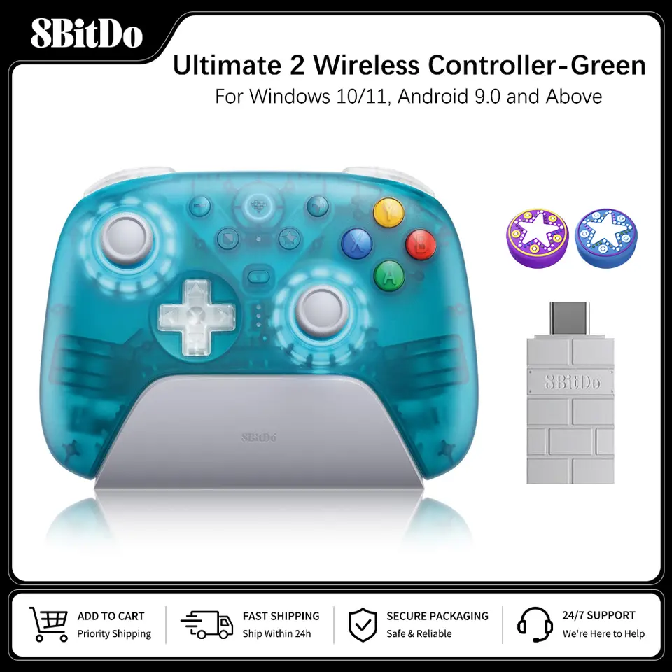 وحدة تحكم الألعاب اللاسلكية 8BitDo Ultimate 2 لنظام التشغيل Windows 10/11، ذراع تحكم TMR 2.4G مع قاعدة شحن لأجهزة Android وPC وSteam