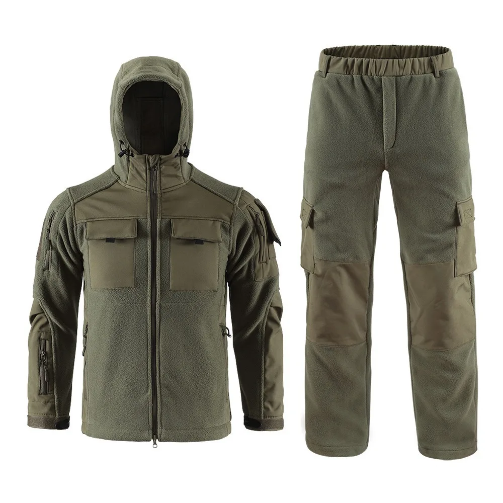 Tactical Fleece Jacket Set Men's Outdoor Camo 3 Layer System Hooded Mid Layer Military Warm Winter Fleece Sports Suit