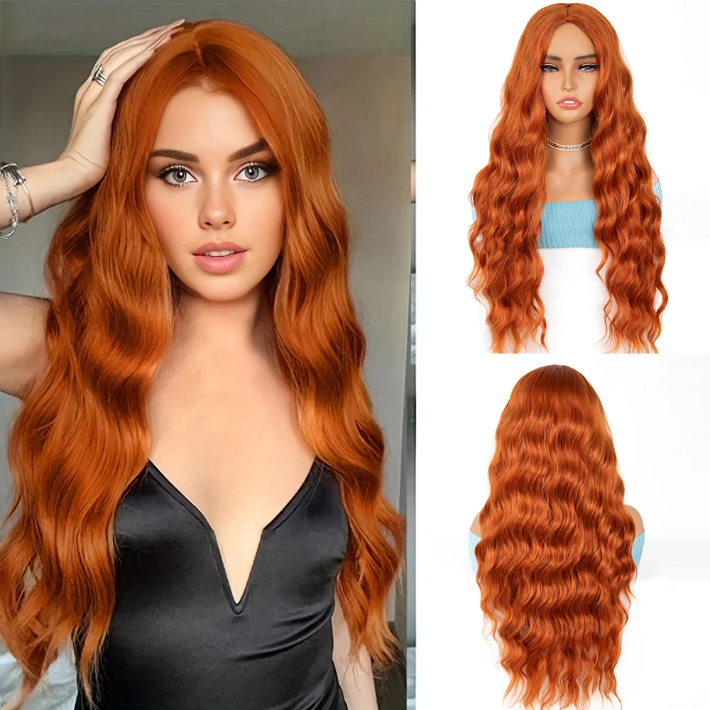 

26 Inch Long Synthetic Hair, Orange Curly Wavy Middle Part Wig for Women Cosplay and Daily Daily Wear Party Wig