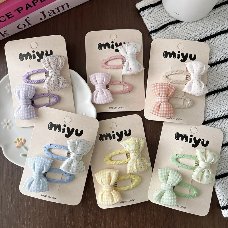 

2PC Baby Hair Clips Cute Tartan Plaid Prints Spotty Elastic Hairbands Kids Wrapped BB Barrettes Snap Hairpins Girls DIY Headwear