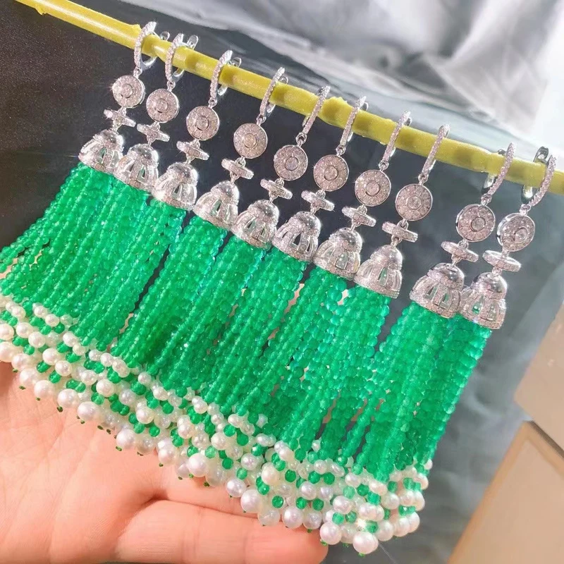 Natural Fresh Water Pearl Green Agate Earrings Tassle For Women Fine Jewelry 925 Sterling Silver With Cubin Zircon Free Shipping