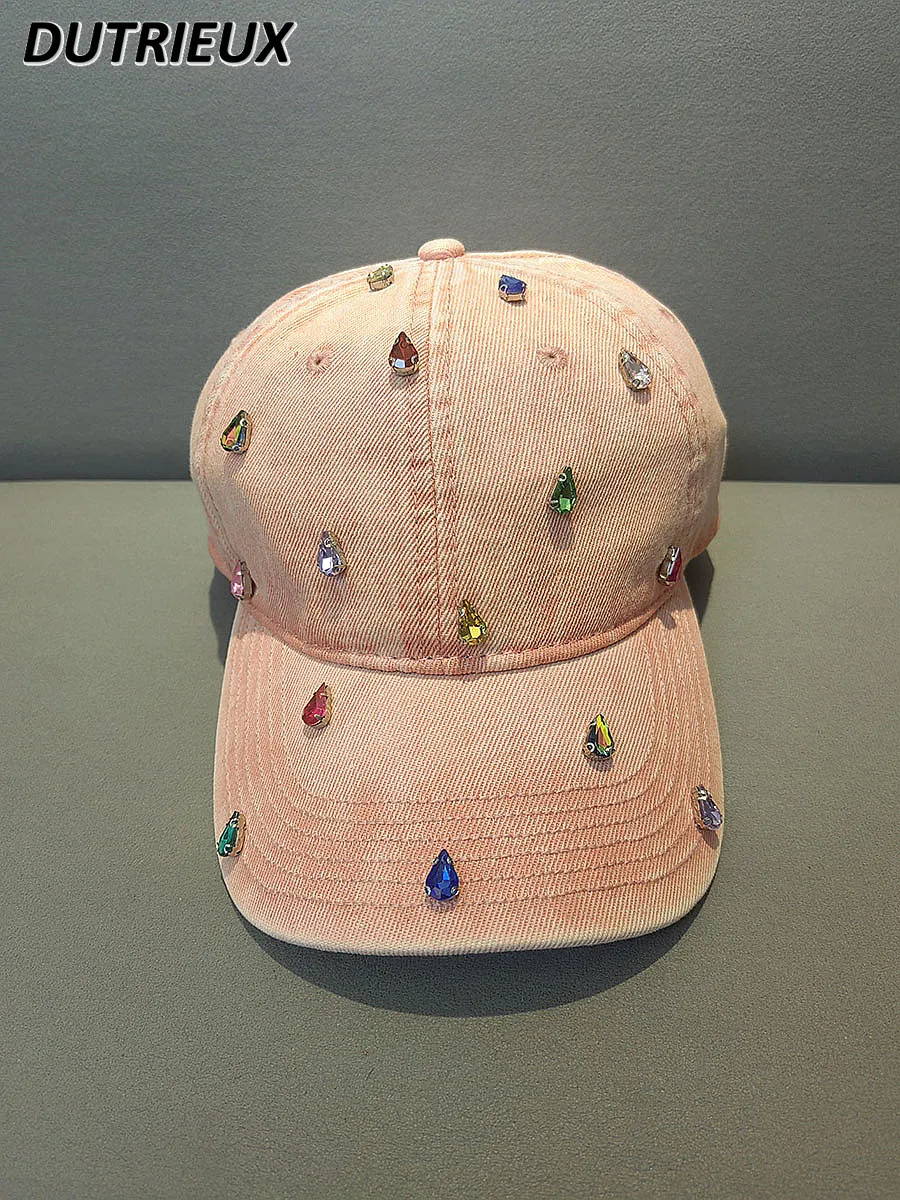 

Spring and Summer New Rhinestone Soft Peaked Cap Sweet Light Pink Denim Baseball Caps Versatile Casual Sun-Proof Floppy Hat