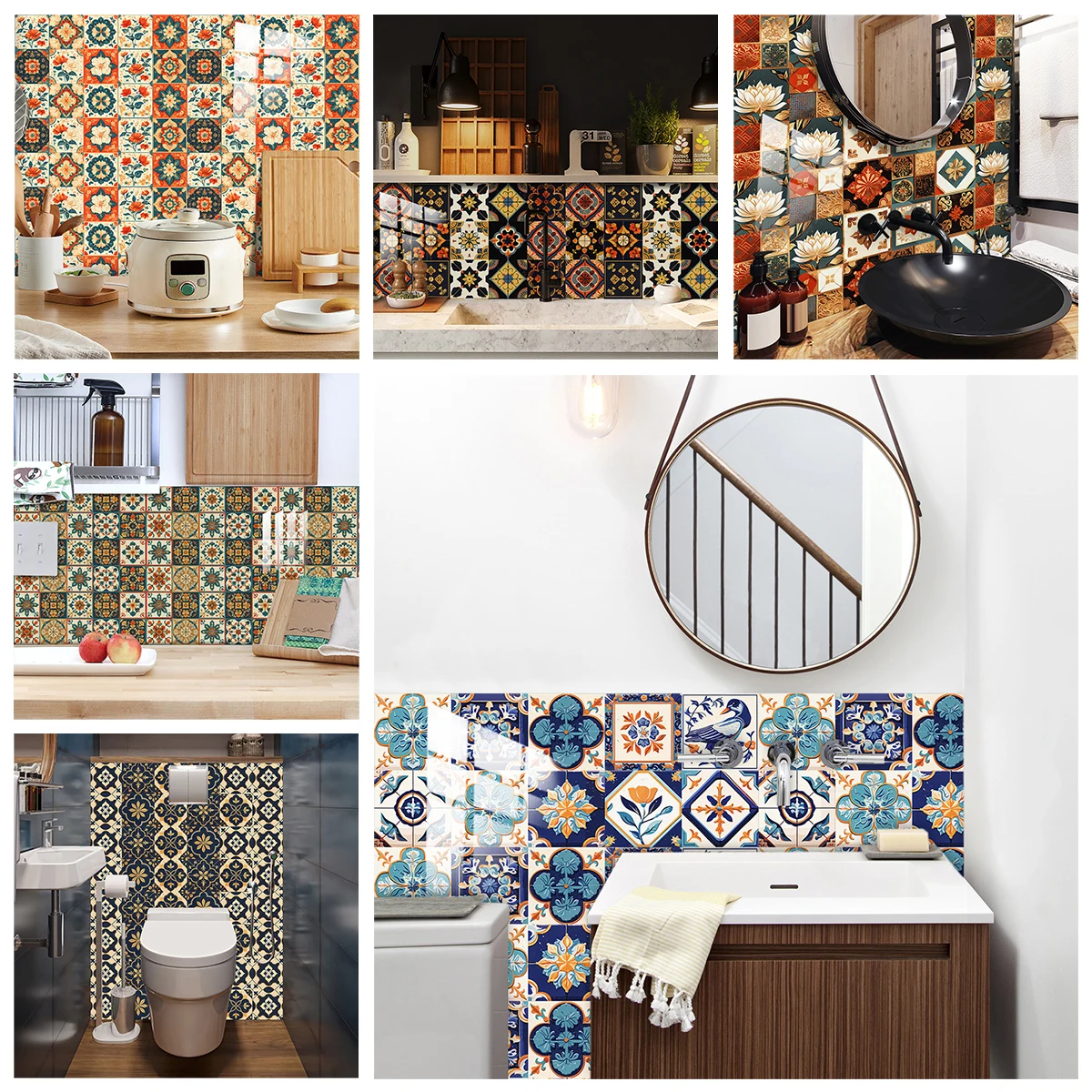 21 Styles Bohemian Tiles Sticker Kitchen Backsplash Oil-proof Bathroom Wall Decals Peel & Stick Waterproof Art Wallpaper