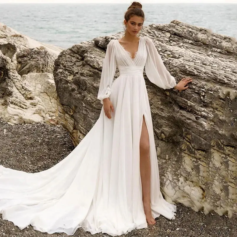 

Sexy High Split Wedding Dress For Women 2024 Bride Beach V-Neck Lace Bridal Gowns Puff Sleeve Robe De Marié Evening Gown