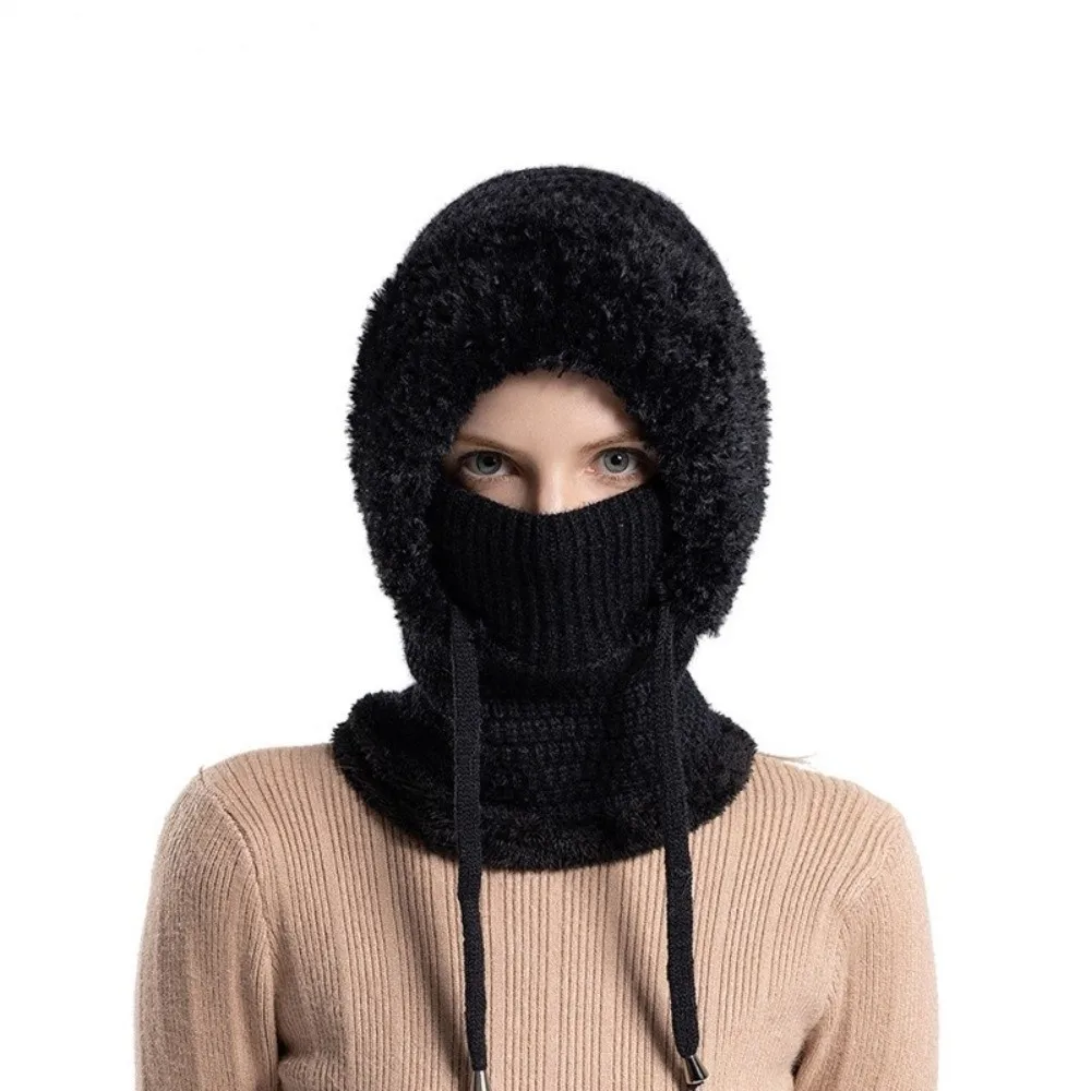 Fashion Multi functional Balaclavas Hat Plush Solid Color Knitted Beanies Hat Bib Windproof Mask Neck Cover Set Outdoor