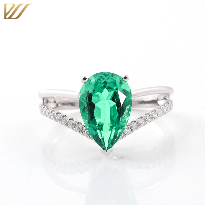 

Provence 18K White Gold Solitaire Ring With8*12mm Pear Cut Lab Emerald Gem For Women Two Row Half Pave Band DEF Round Moissanite