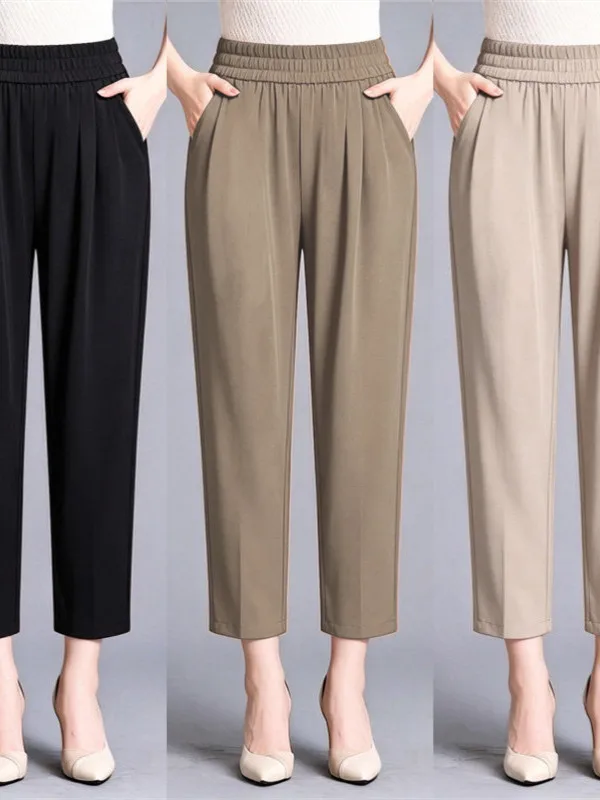 

New 2026 Ice Silk Straight Leg Pants High Waist Summer Thin Slimming Nine Point Casual Pants Women's Loose Fit Polyester Fiber
