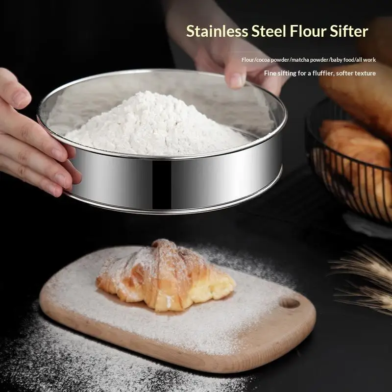 Stainless Steel Round Flour Sieve 15 20cm Ultra Fine 60 Mesh Silver Handhold Flour Sifter Strainer