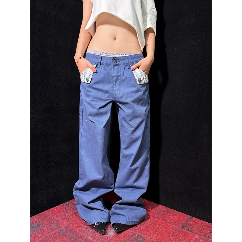  Autumn Winter Avant-Garde Women's Patch Jeans Floral Patch Deconstructed Wide Leg Baggy Streetwear Casual Premium Denim Pants