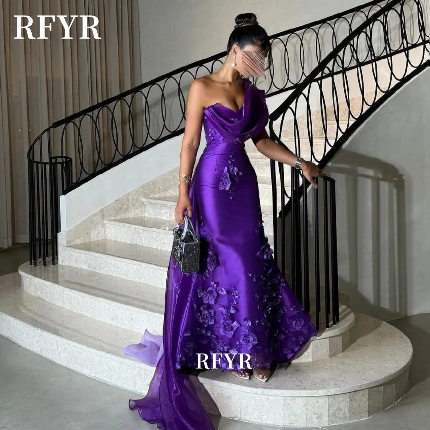 ชุดเดรสงานเลี้ยงลายดอกไม้ 3 มิติ RFYR สีม่วง ชุดราตรีทรงเมอร์เมดพร้อมชายกระโปรงยาวด้านหลัง สามารถสั่งตัดได้