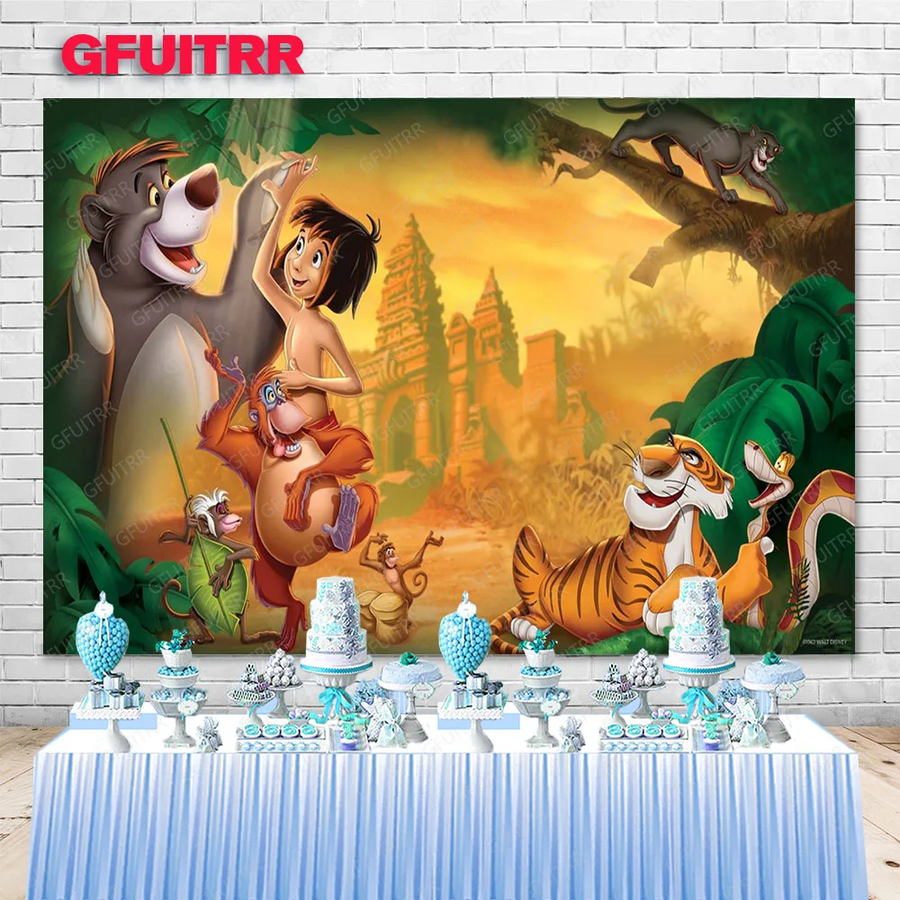 Het Jungle Boek Cartoon Achtergrond Kinderen Verjaardagsfeestje Decoratie Mowgli Beer Aangepaste Fotografie Achtergrond Cover Studio Banner