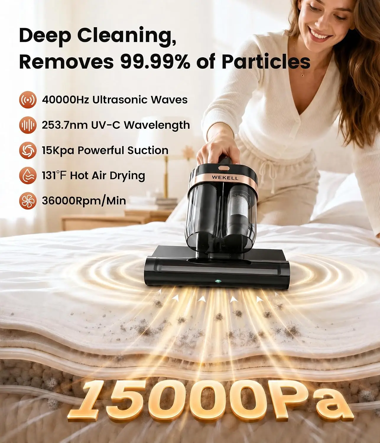 Mattress Vacuum Cleaner, 15Kpa Bed Vacuum Cleaner with UV-C Light Technology & Thermal Care, HEPA Filter & Ultrasonic, Versatile