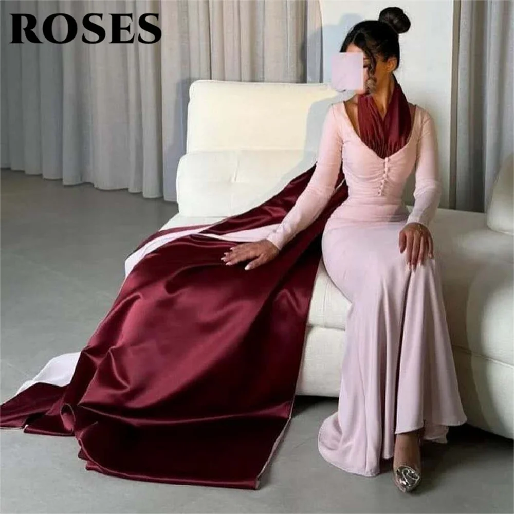 

ROSES Pink Stain Party Dress Saudi Arabia Halter Night Dresses Sleeve with Cape Trumpet Celebrity Dresses for Woman Customized