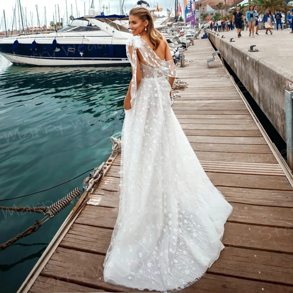 Boho Charming Graceful A Line Women's Wedding Dresses Classic Modern Lace One Shoulder Bride Gowns Vintage Beach Robe De Mariée