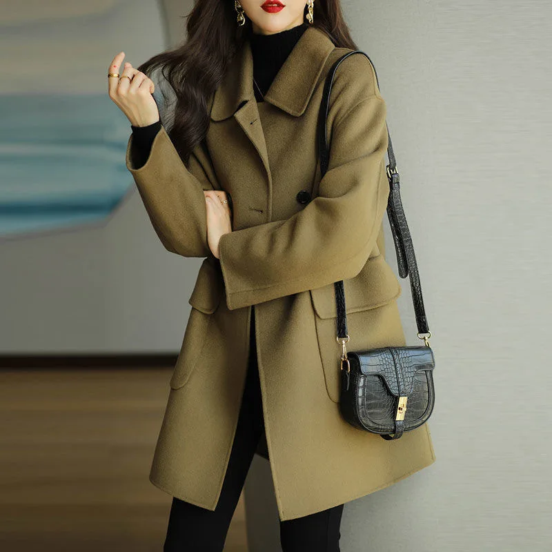 

Women's Woolen Coat 2025 Autumn Winter New Thickened Korean Style Slimming Mid-Length Tweed Jacket for Fashionable plus Size