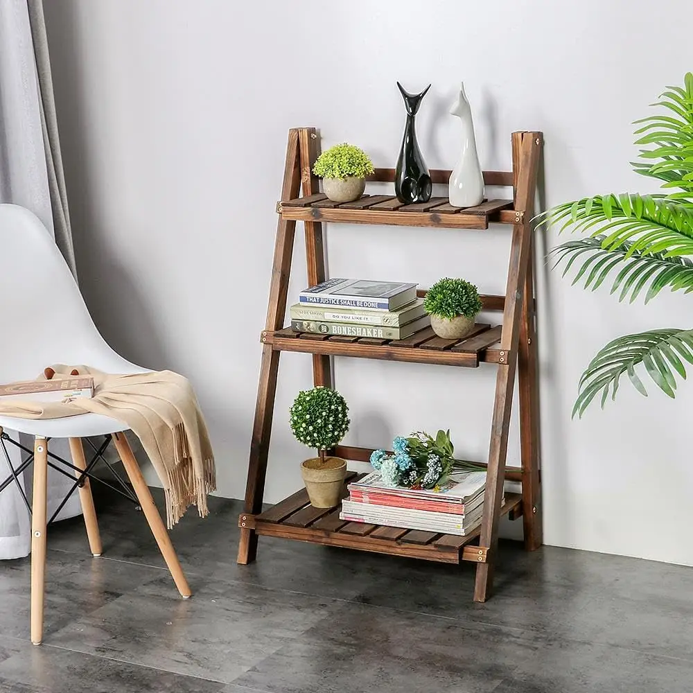 Folding Plant Stand Wooden Foldable Plant Shelf 3-Tier Flower Pot Stand Plants Display Shelf Rack