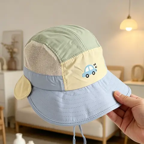 Summer Kids Thin Bucket Hat with Wide Brim & Adjustable Windproof Rope UV Protection Beach Hat for 1-6 Years Boys Girls Outdoor