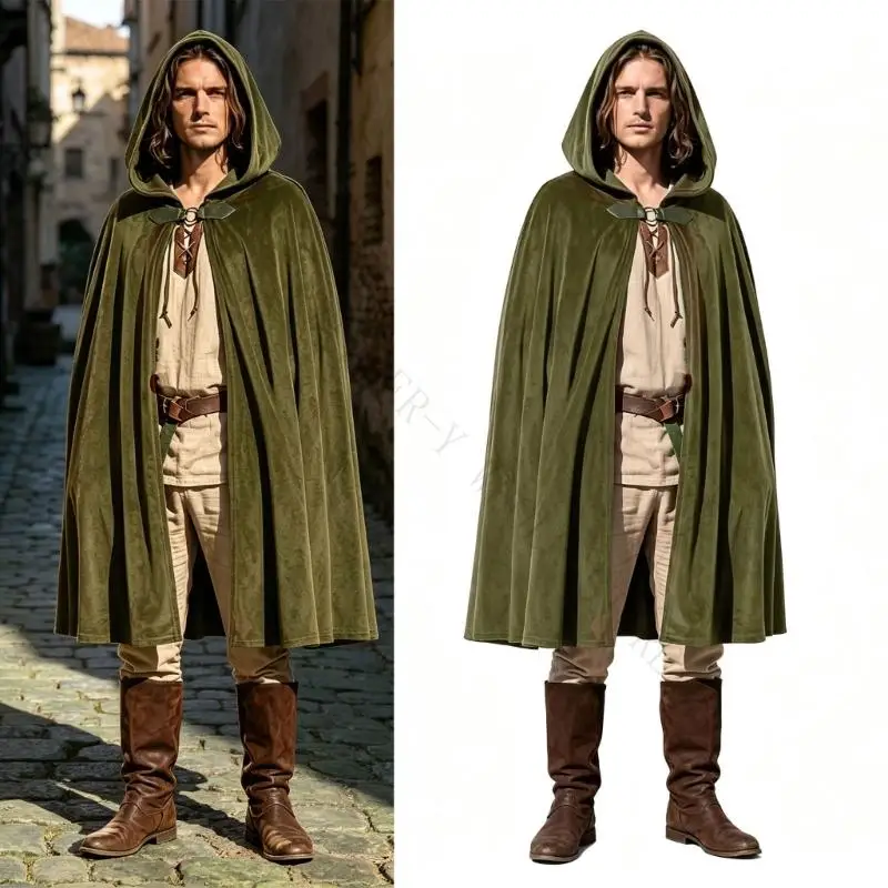 R7UF Medieval Costume Outer Layer, Long Polyester Cloak with Drawstring Tie for Adult Cosplay and Themed Photography