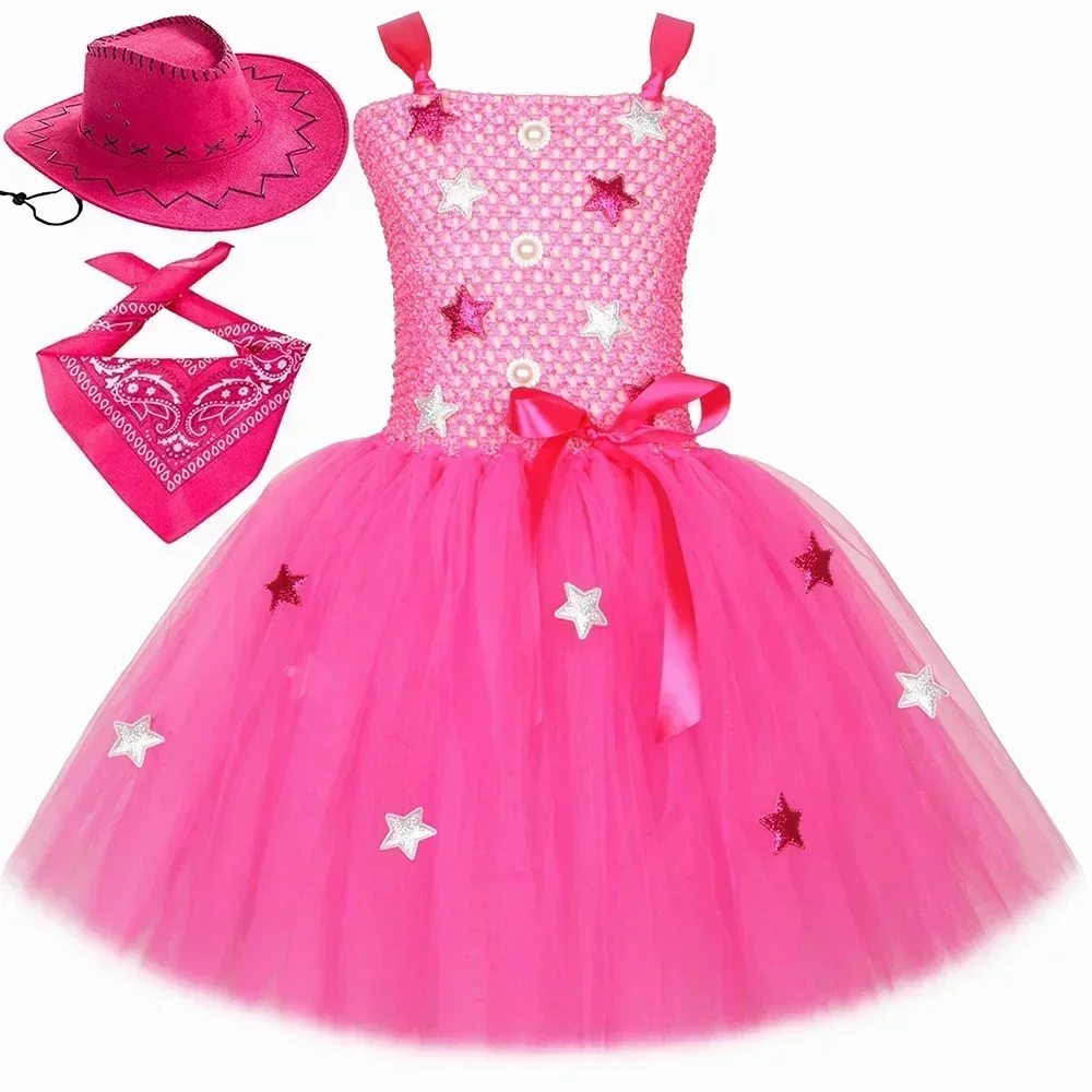 

Barbi Cowgirl Costume for Girls Birthday Party Tulle Tutu Dress Hot Pink Toddler Margot Robbie Princess Dress Up Clothes