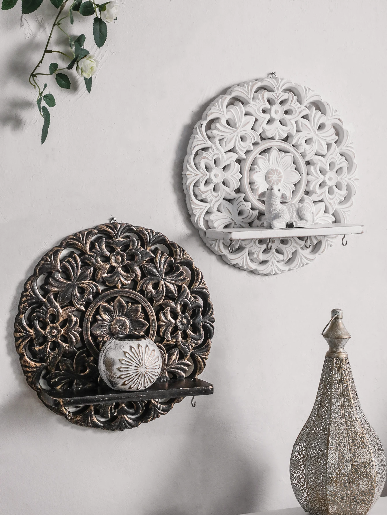 Boho Wooden Wall Shelves, White & Brown Floral Carved Design, Decorative Hanging Shelf with Hooks for Entryway & Home Wall Decor view 5