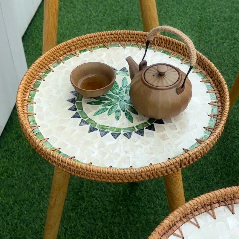 Handwoven Rattan Woven Colorful Small Round Coffee Table Light Luxury Shell Storage Tray Sofa Side Table Boho Natural Home Decor