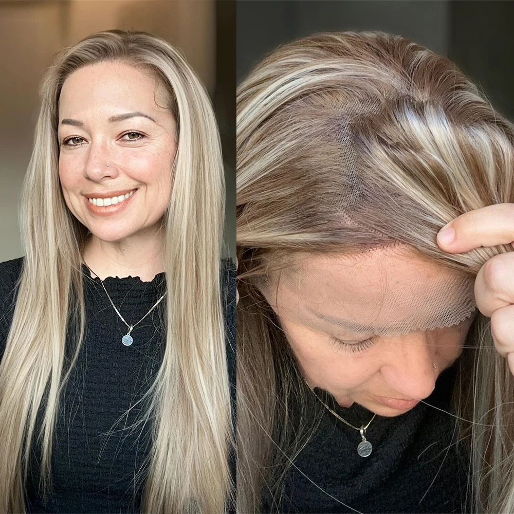 Natural Look Synthetic Lace Front Wig 30 inch Long Futura Fiber Heat-Resistant Natural Blonde Highlights Straight Wig fro Women