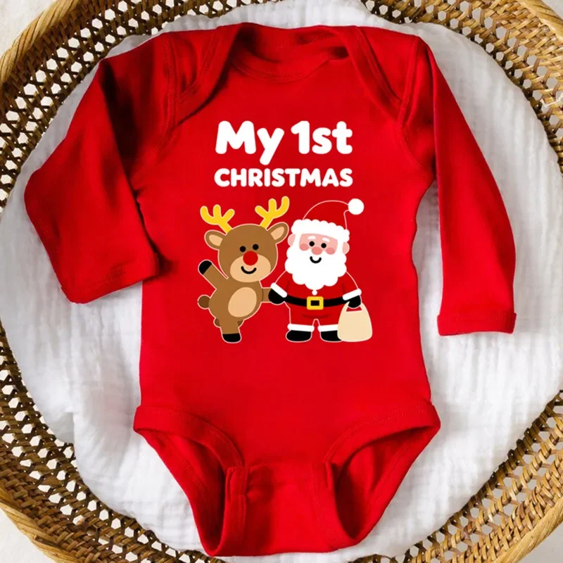 My 1st Christmas Baby Bodysuit Long Sleeve Red Cotton Newborn Romper Santa Reindeer Print Infant Boys Girls Xmas Jumpsuit