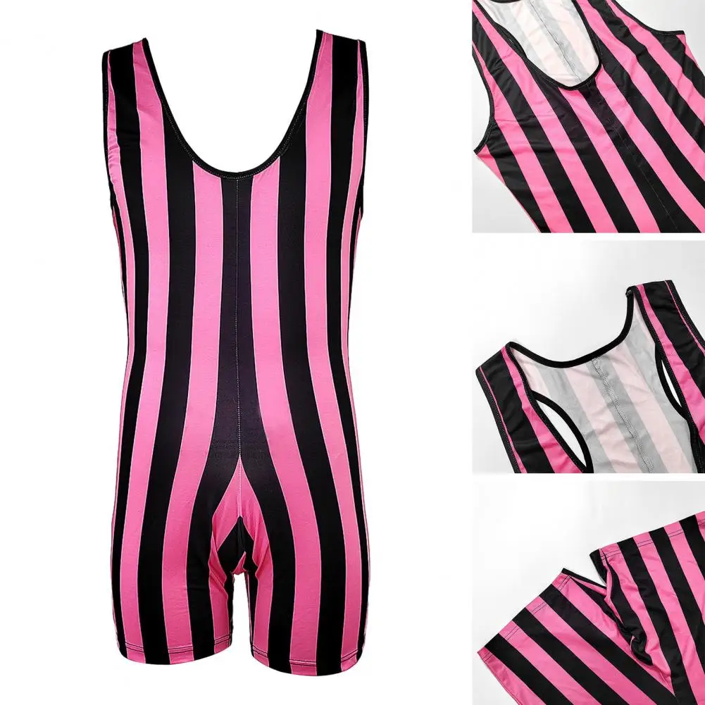 Men Fitness Bodysuit Sleeveless Deep U Neckline Striped Jumpsuit Boxers Wrestling Singlets Leotard Tank Top Shorts Shapewear