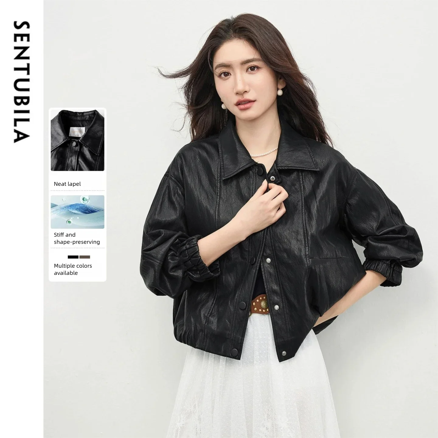 SENTUBILA Faux Leather Jacket for Women 2026 Spring Black Loose Lapel Windproof PU Leather Jacket Retro Women's Coat W61GD6039