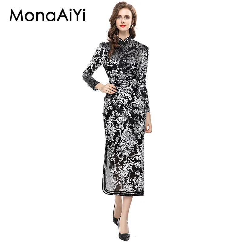 MonaAiYi Autumn Polyester Temperament Elegant Print Slim Long Sleeve High Waist Slit Black And Purple Chinese Cheongsam Dress