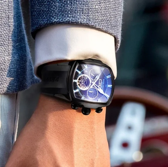 

Мужские автоматические часы Reef Tiger, 45 мм, механические наручные часы Tonneau, светящиеся, с несколькими циферблатами, год, месяц, неделя, дата