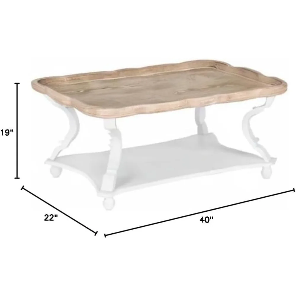 Farmhouse Coffee Table, Modern Cocktail Table with Storage Shelf, Sofa Table with Natural Tray Top and Carved Legs