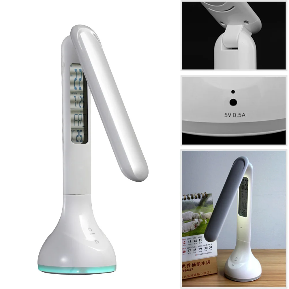 Portable Rechargeable LED Desk Lamp Eye Control Dimmable Table Lamp 3-Level Brightness Calendar Alarm Clock