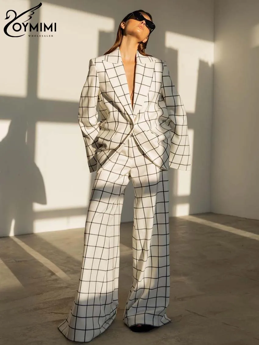 Oymimi Fashion Khaki Plaid Print 2 Piece Outfit Set Women Elegant Lapel Long Sleeve Pockets Shirts And Side Slit Trousers Sets