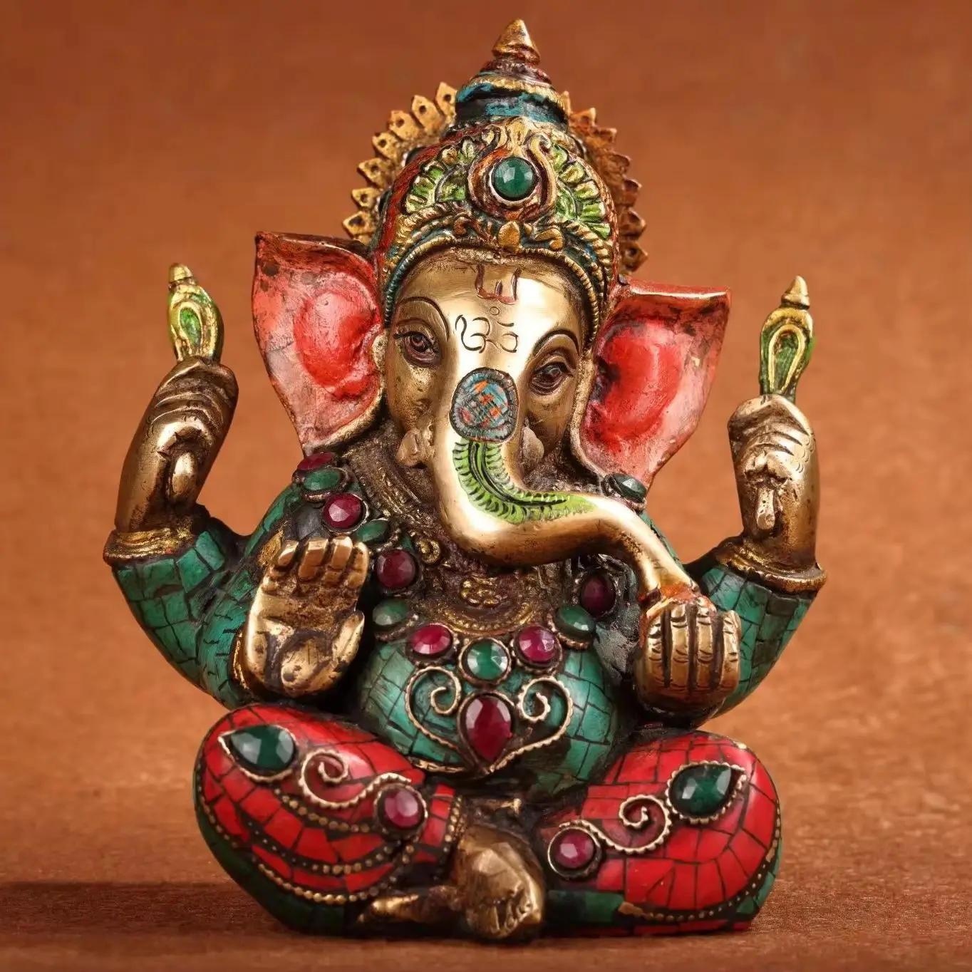 Temple Collection Old Bronze Outline in gold Mosaic Gem Turquoise Ganesha Elephant Sitting Buddha Worship Hall